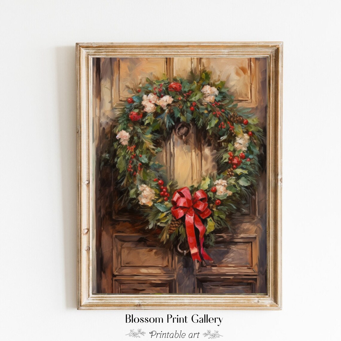 Christmas Wreath On Rustic Wooden Door With Red Bow Painting Poster