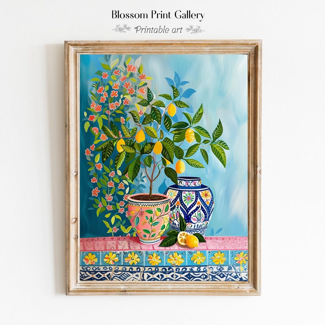 Potted Lemon Tree on Painted Tile Mediterranean Still Life Poster