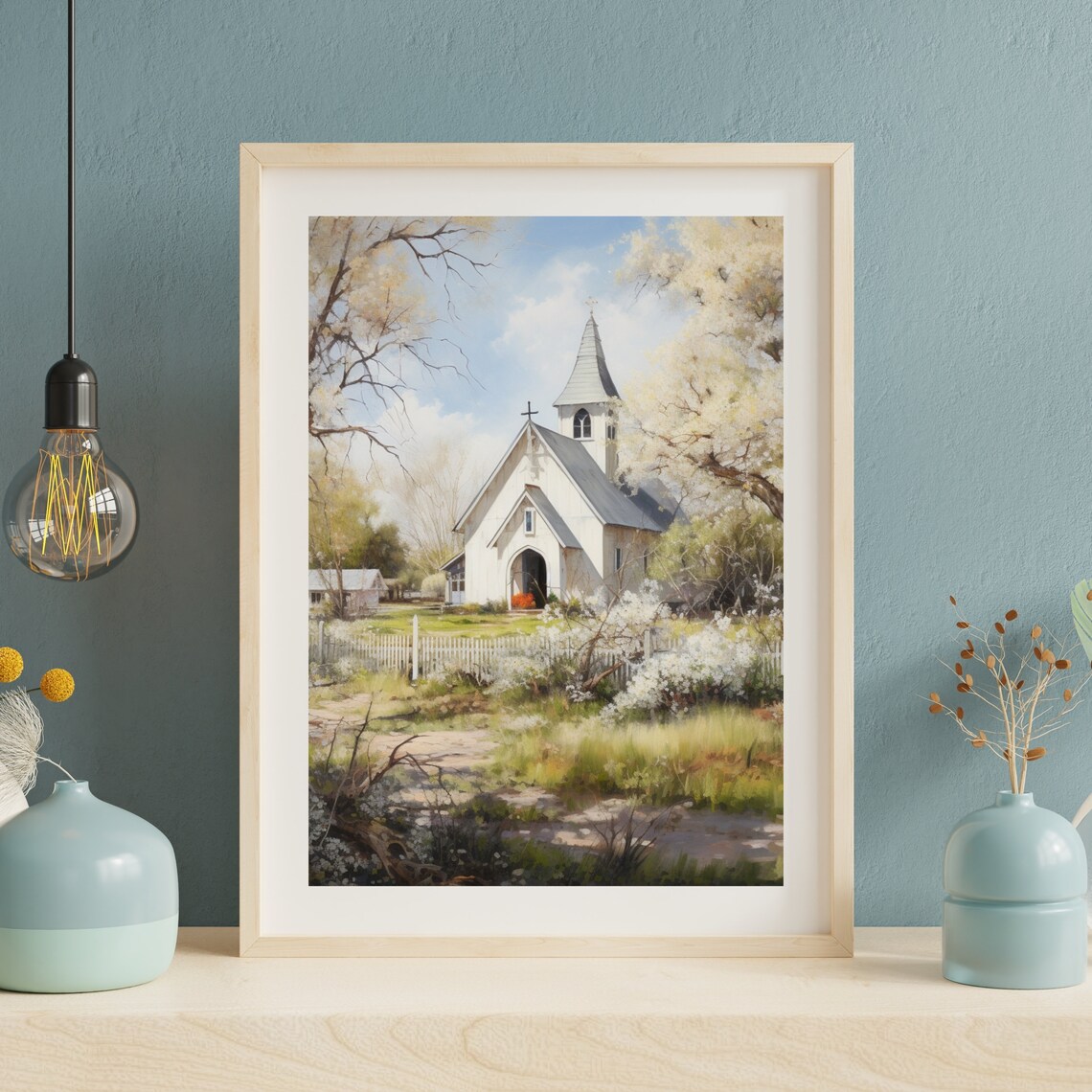 Vintage Church Print Spring Landscape Oil Painting Farmhouse Decor Living Room Wall Art Country Scenery 438 - Image 2