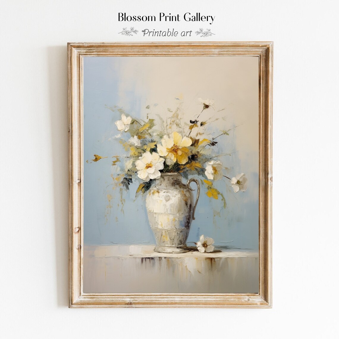 White And Yellow Wildflowers Antique Vase Soft Blue Still Life Poster