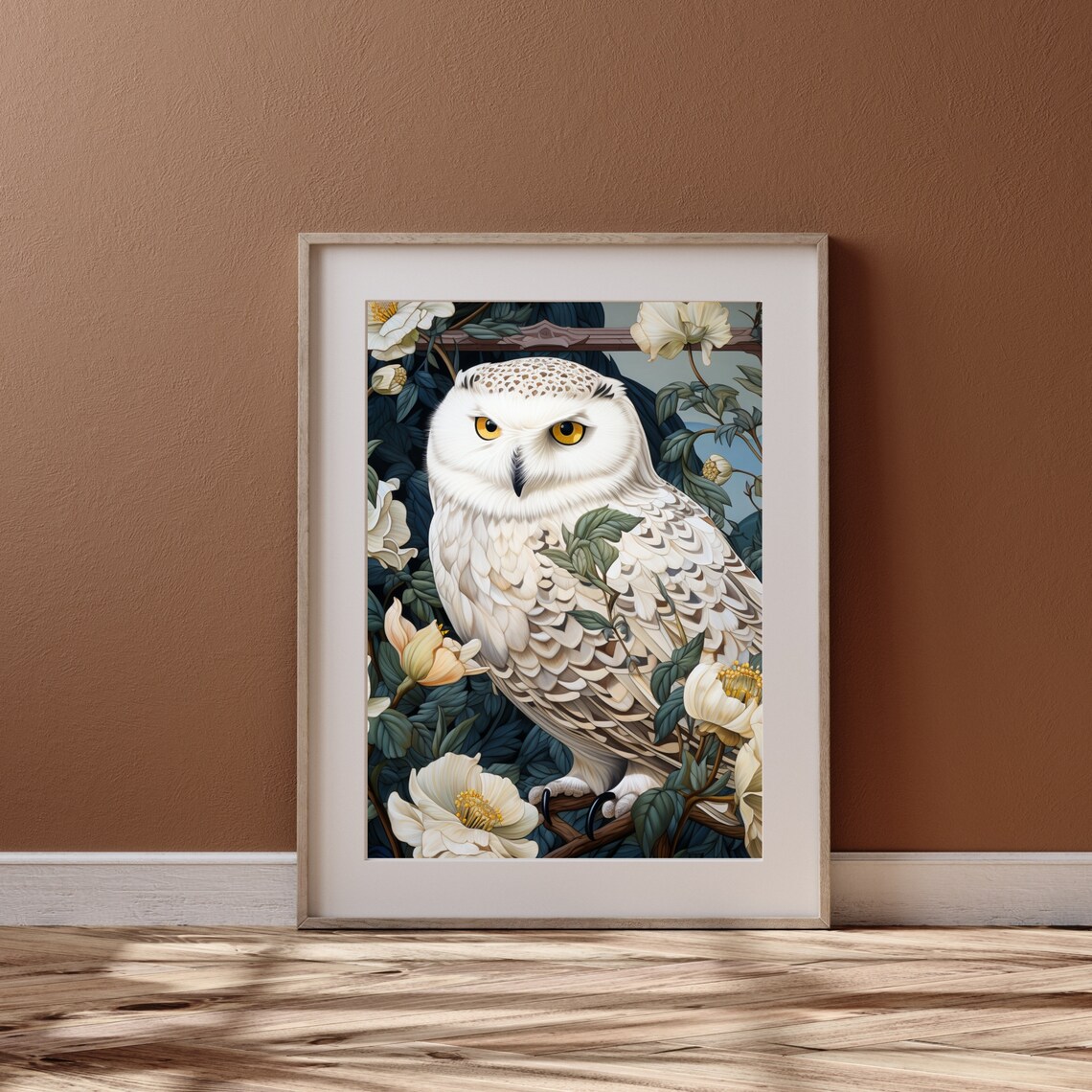 Snowy White Owl Golden Eyes Floral Botanical Painting Poster - Image 6