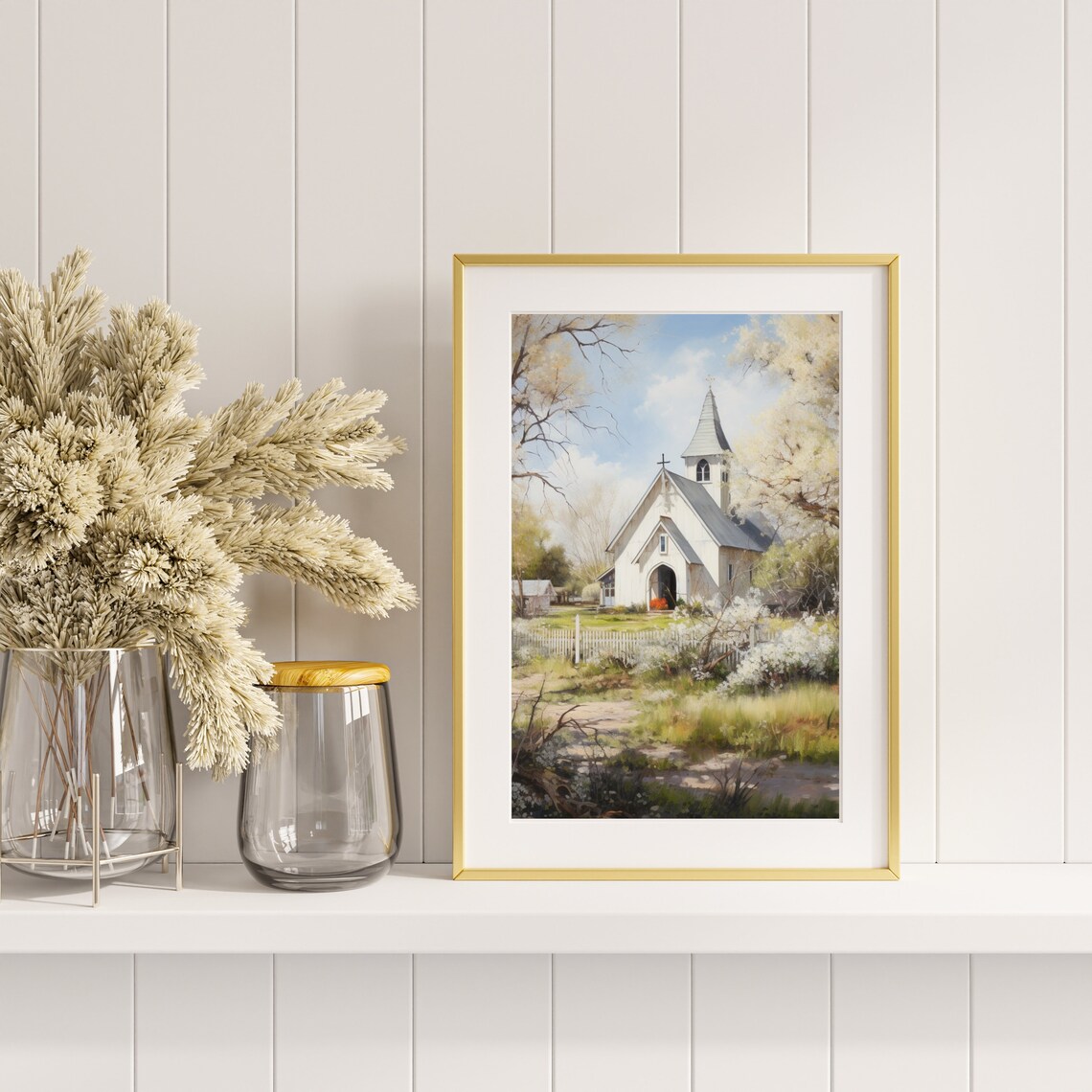 Vintage Church Print Spring Landscape Oil Painting Farmhouse Decor Living Room Wall Art Country Scenery 438 - Image 3