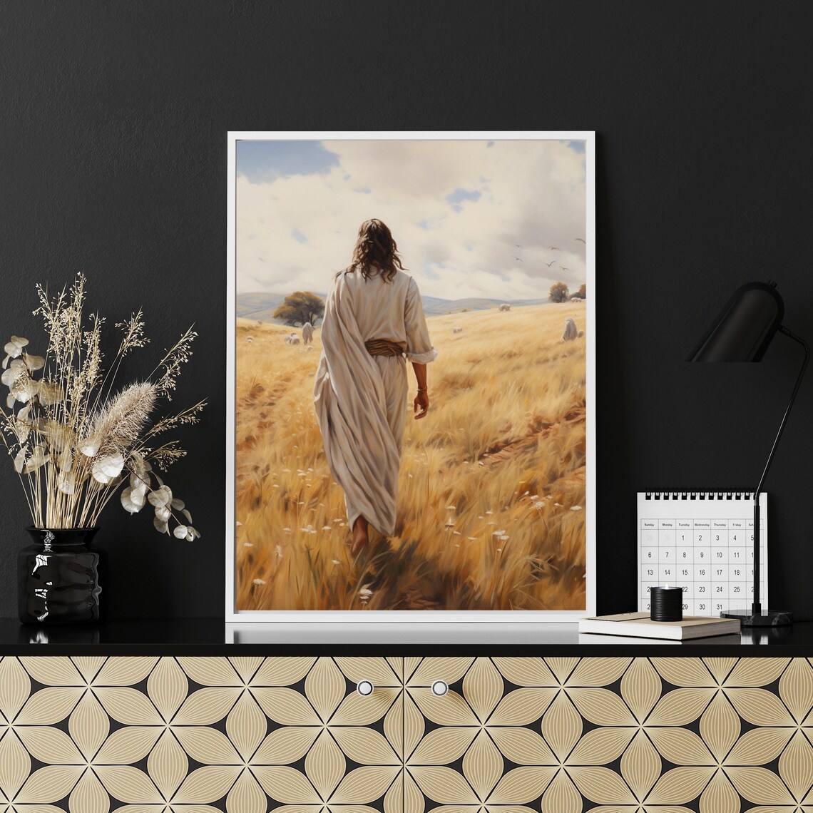 Jesus Walking In Wheat Field With Sheep Golden Christian Art Painting Poster - Image 4