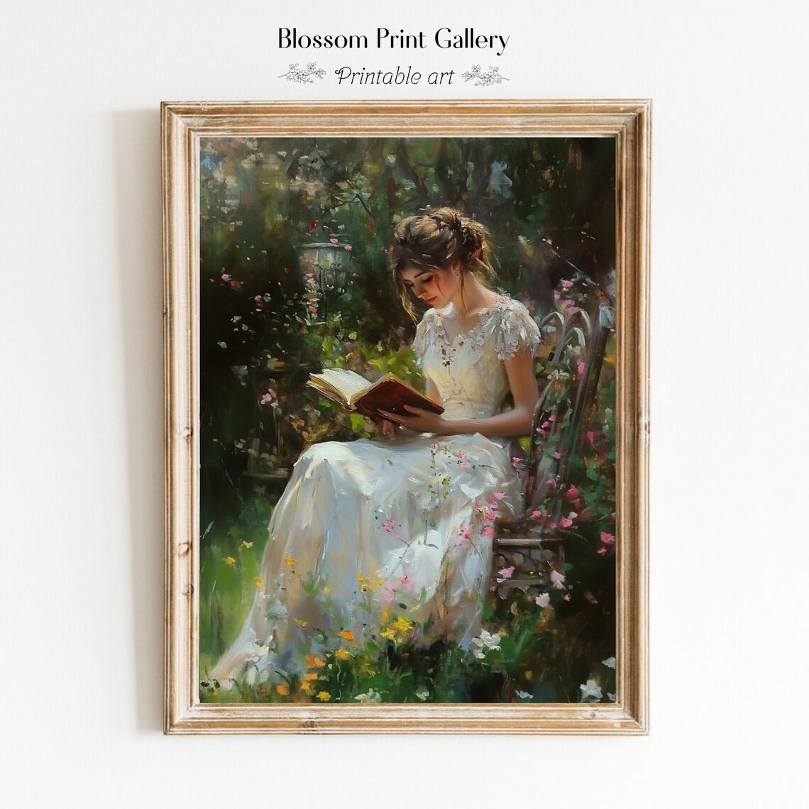 Woman Reading Garden White Dress Impressionist Painting Poster