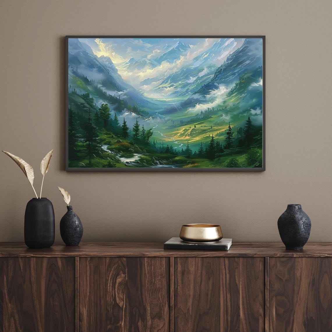 Misty Alpine Mountain Valley with Waterfall Landscape Painting Poster - Image 2