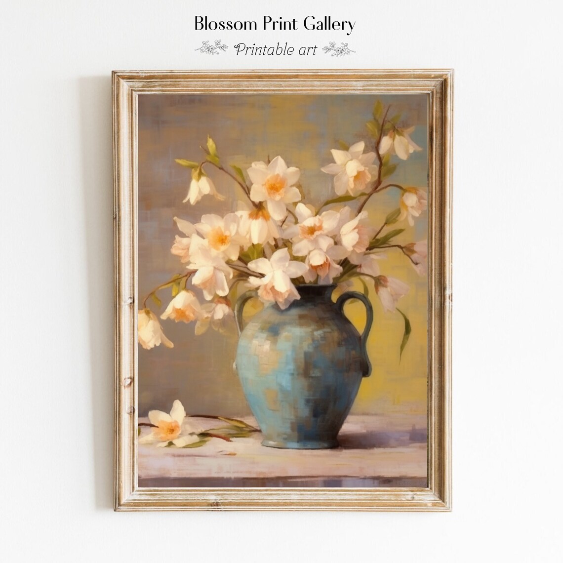White Daffodils in Blue Vase Vintage Still Life Floral Oil Painting Poster