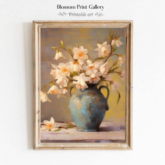 White Daffodils in Blue Vase Vintage Still Life Floral Oil Painting Poster