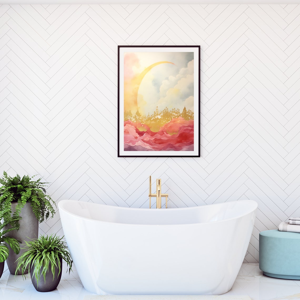 Pink and Gold Abstract Moon over Wavy Hills Watercolor Poster - Image 6