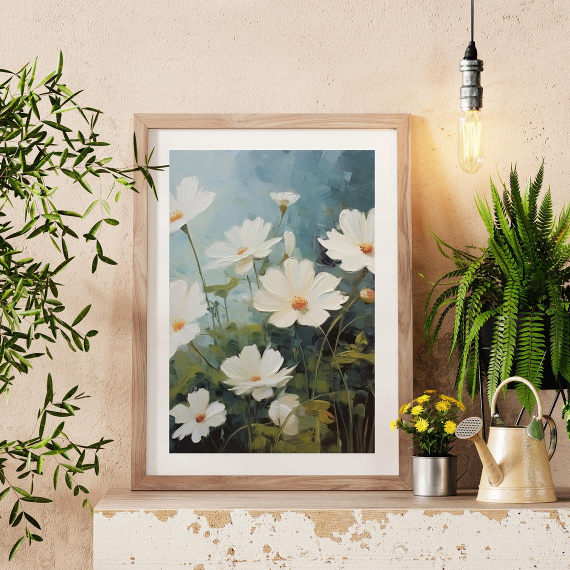 White Floral Still Life Oil Painting Vintage Farm House Summer Country Field Painting Art Botanical Art 616 - Image 4