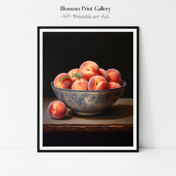 Rustic Peach Paint Vintage Fruit Art Moody Kitchen Home Decor Antique Oil Painting Country Wall Art Cottagecore Decor 426