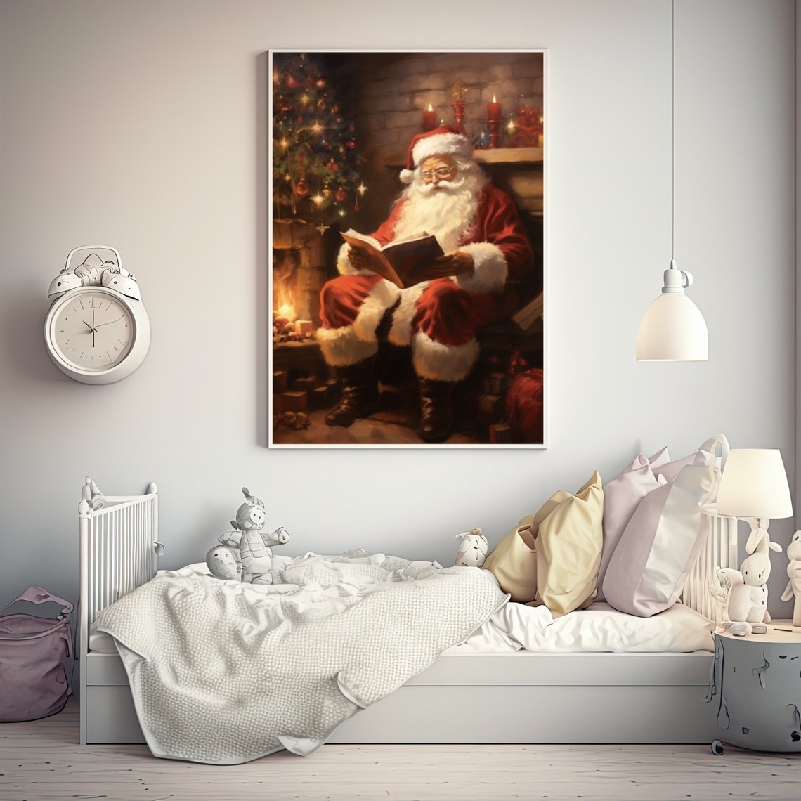 Santa Claus Reading Book By Fireplace Cozy Christmas Art Poster - Image 4
