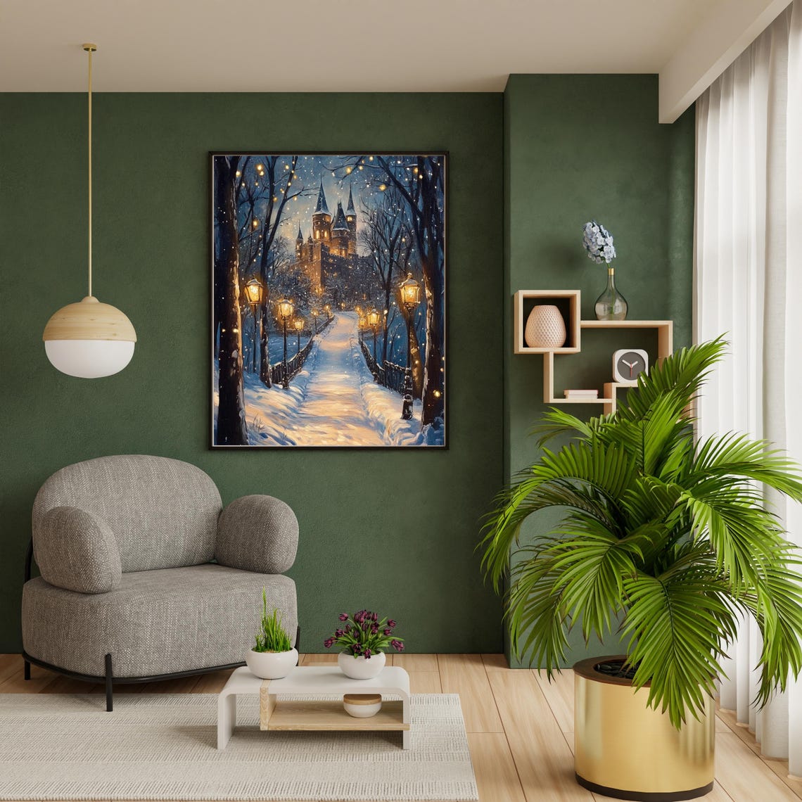 Snowy Lamplit Path To Illuminated Castle Winter Night Poster - Image 4