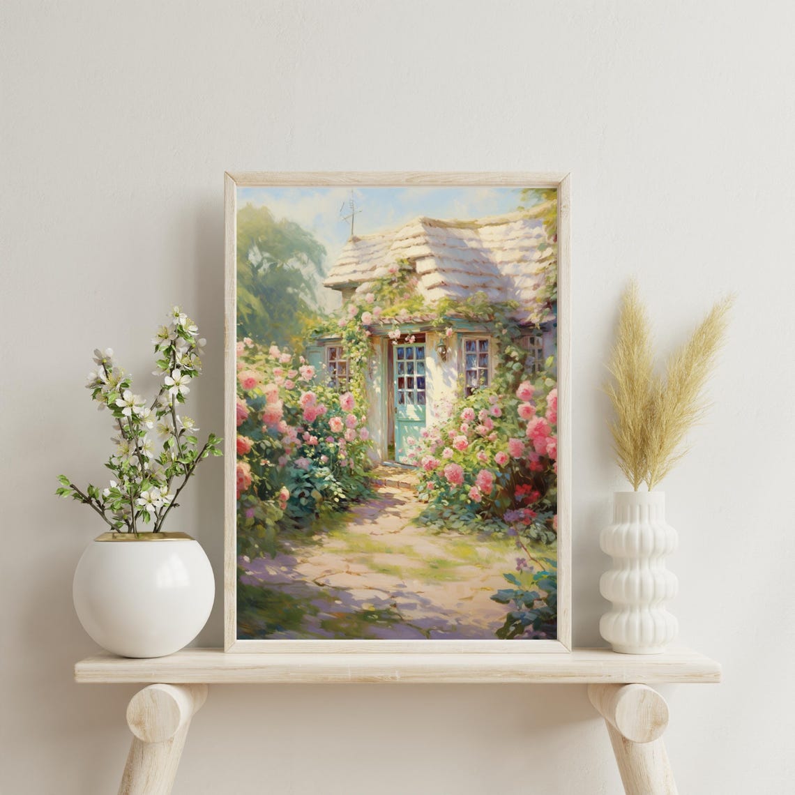 Sunlit Thatched Roof Cottage Bursting With Roses Garden Art Poster - Image 3
