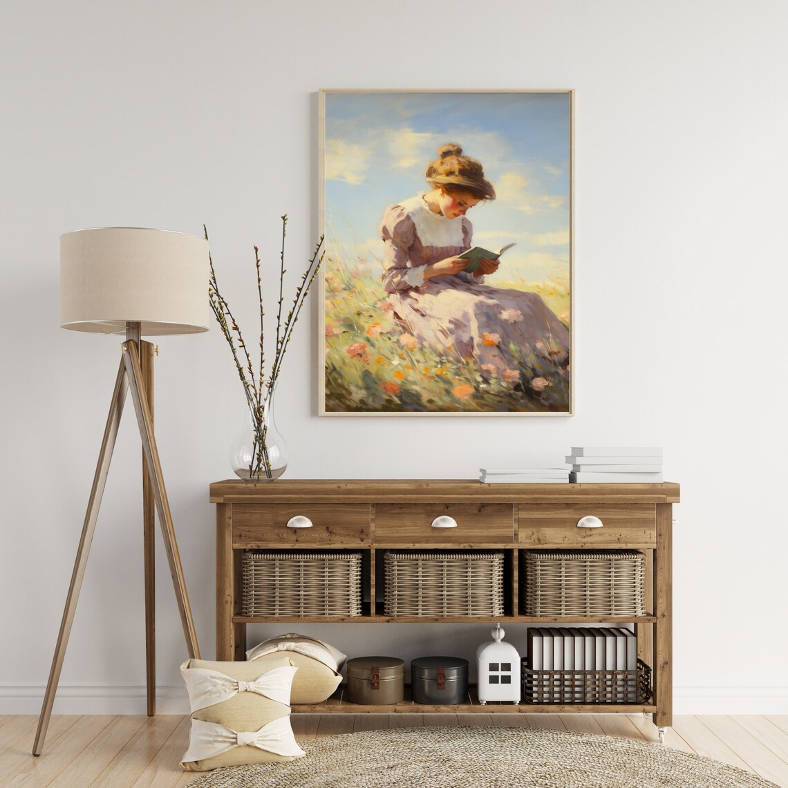 Woman Reading Book In Sunny Wildflower Meadow Vintage Art Poster - Image 3