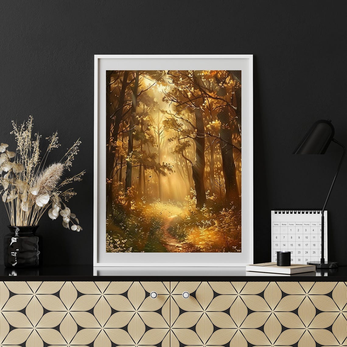 Golden Sunlit Forest Path With Sunbeams Through Autumn Trees Print - Image 6