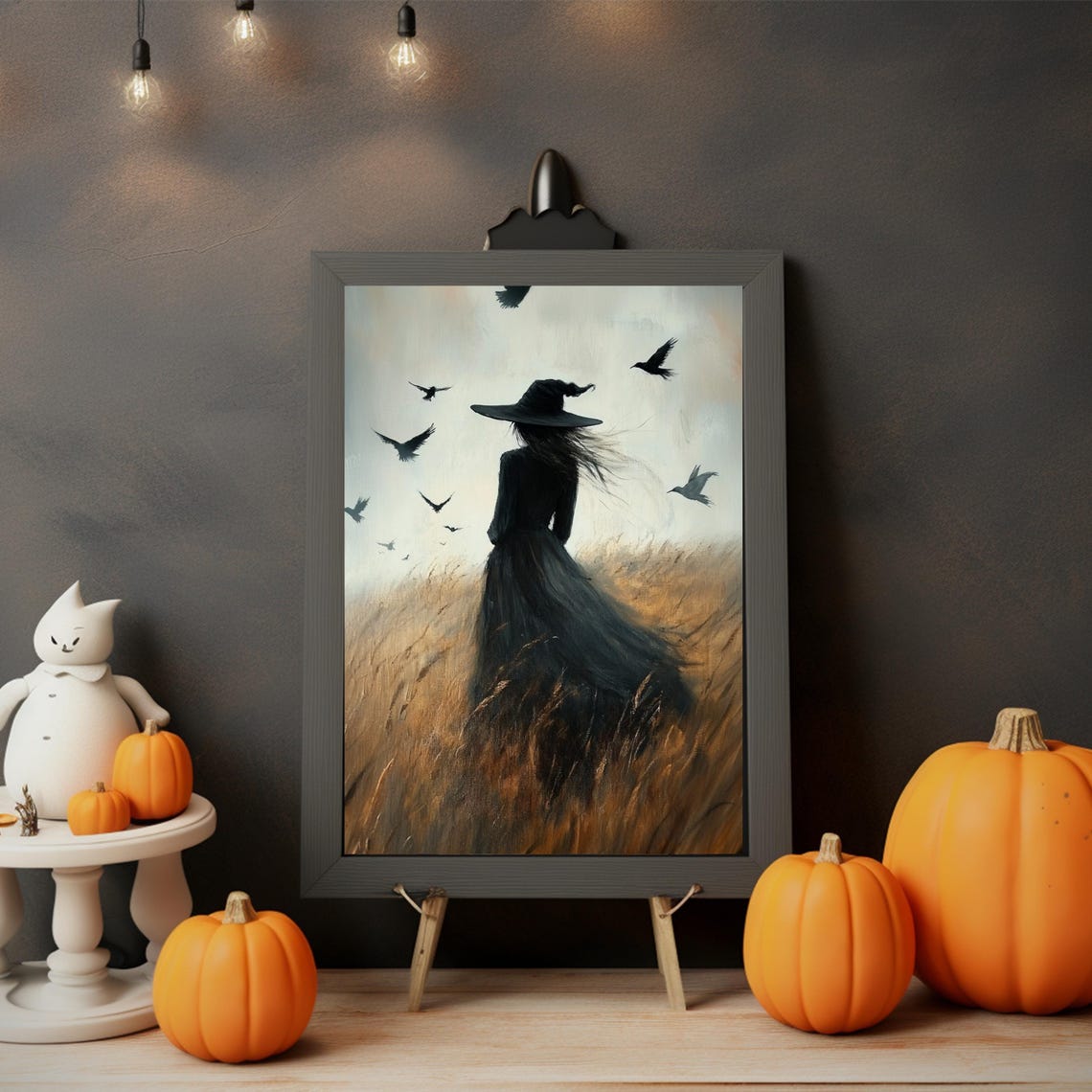Dark Witch Walking Through Golden Wheat Field with Crows Poster - Image 4