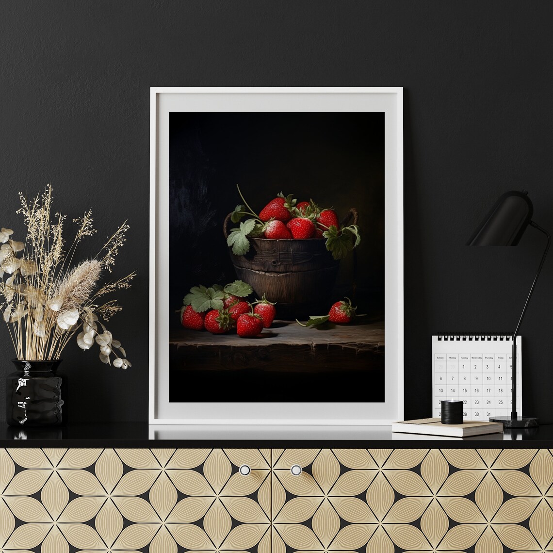 Ripe Red Strawberries In Wooden Bucket Moody Still Life Poster - Image 2