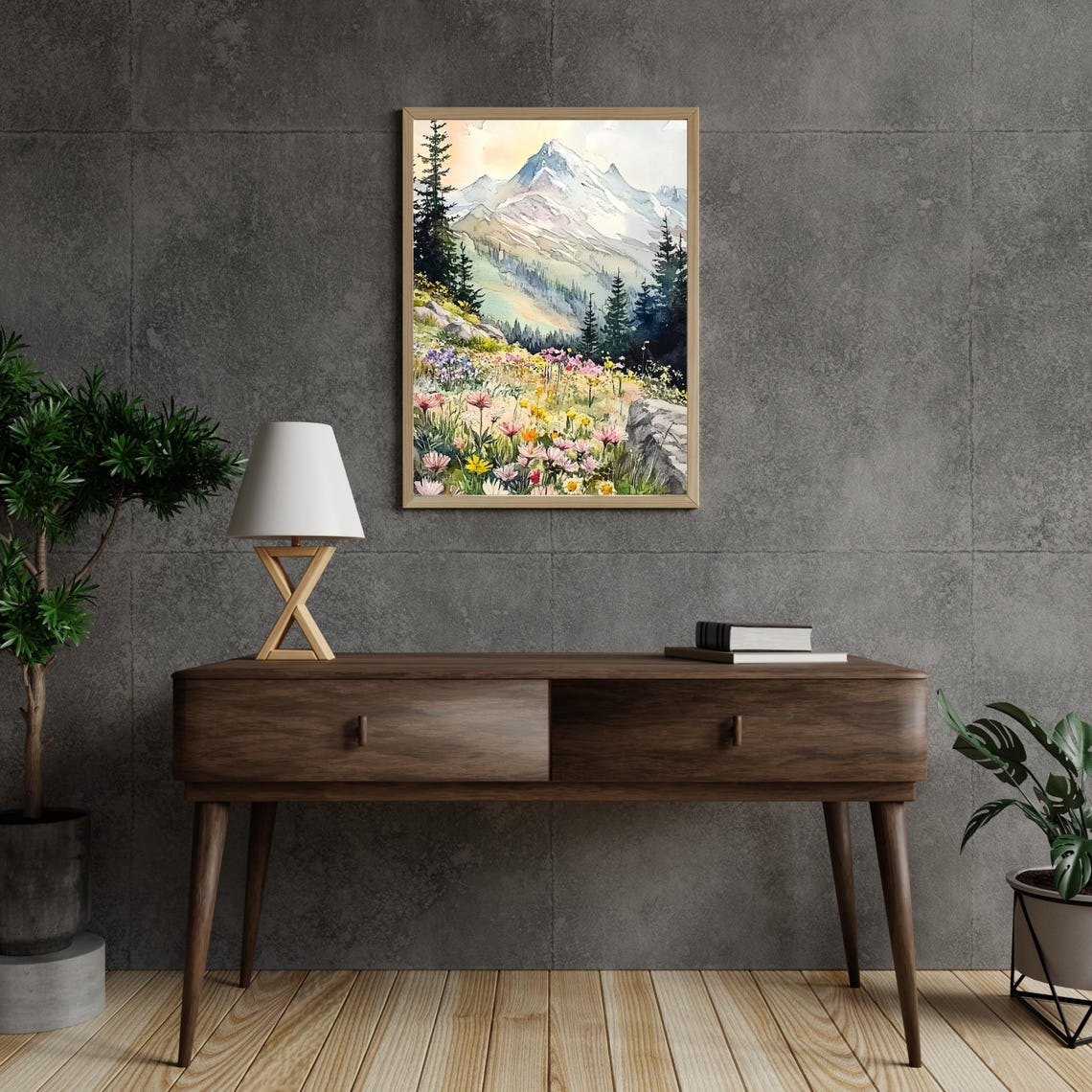 Wildflower Meadow Snowy Mountain Watercolor Landscape Poster - Image 6