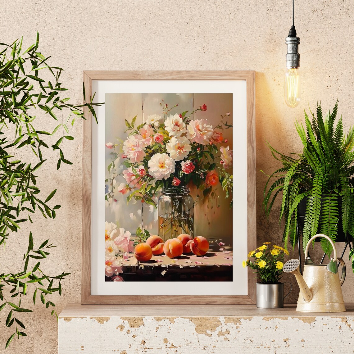 Blush Peonies and Roses in Glass Jar with Peaches Painting Poster - Image 2