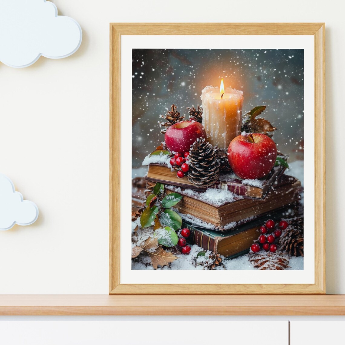 Cozy Christmas Books Apples And Candle Winter Still Life Poster - Image 2