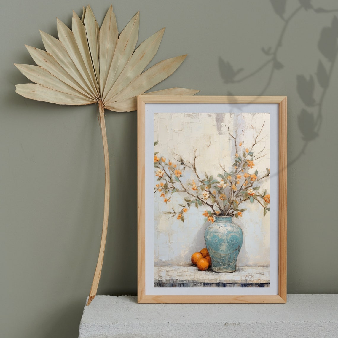 Orange Blossom Branches Turquoise Vase Still Life Painting Poster - Image 4