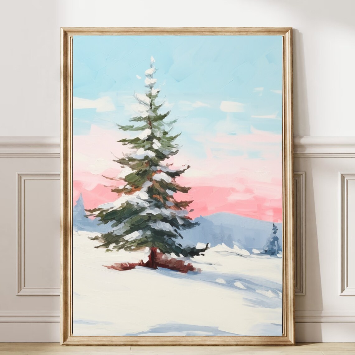 Snowy Pine Tree Pink Sunset Winter Landscape Painting Poster - Image 6