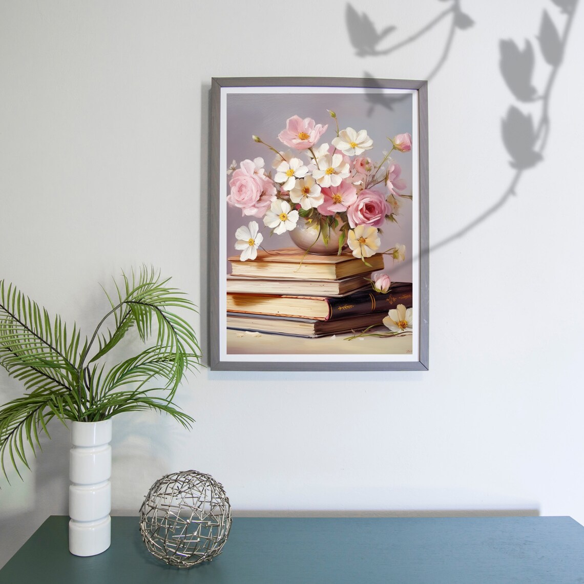 Pink Roses Vase Antique Books Still Life Floral Painting Poster - Image 4