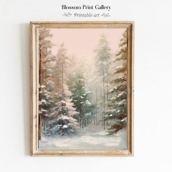 Snowy Winter Landscape Painting Christmas Wall Art Holidays Decor Nature Wall Art Moody Vintage Rustic Forest 227
