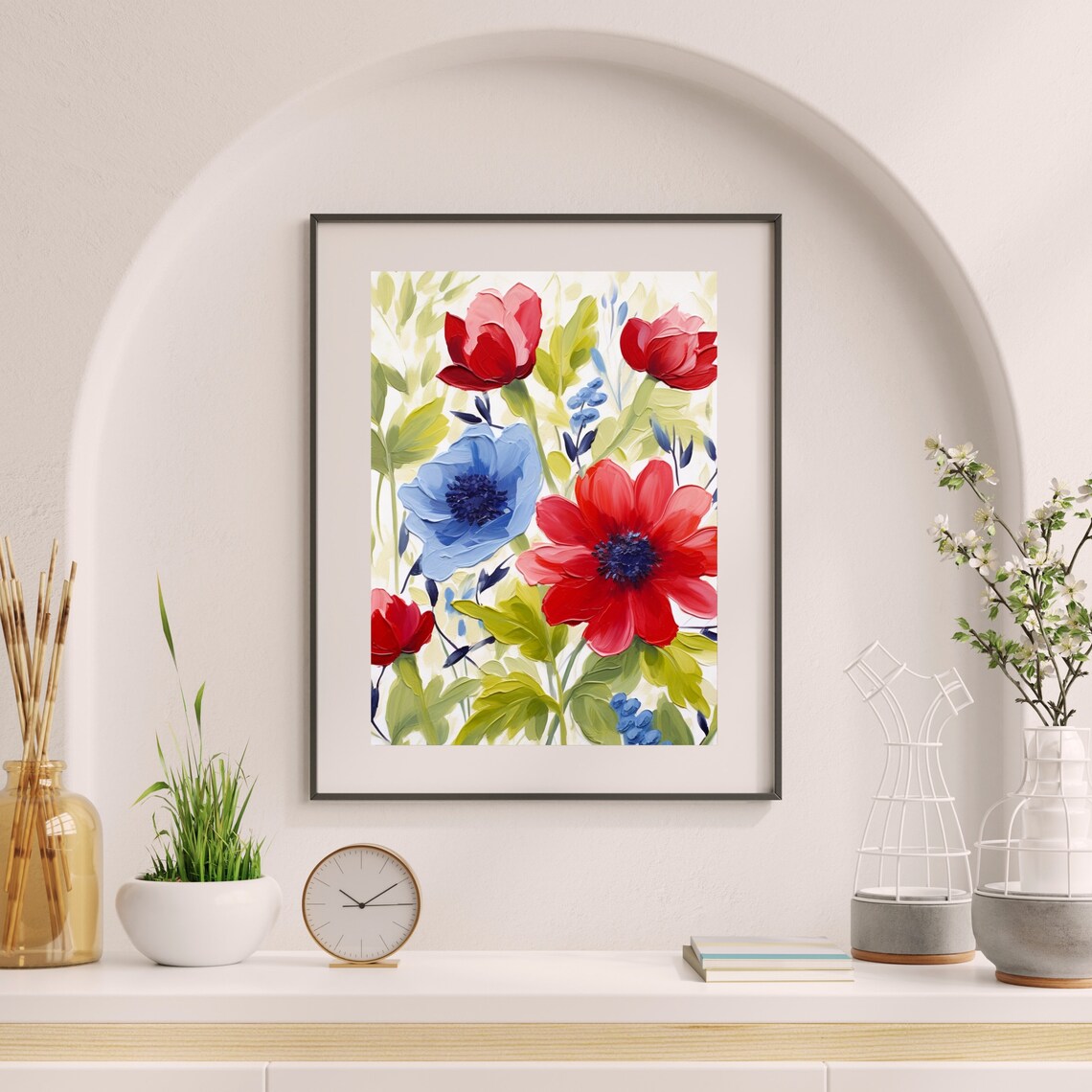 Bold Red and Blue Flowers Impasto Floral Oil Painting Poster - Image 6