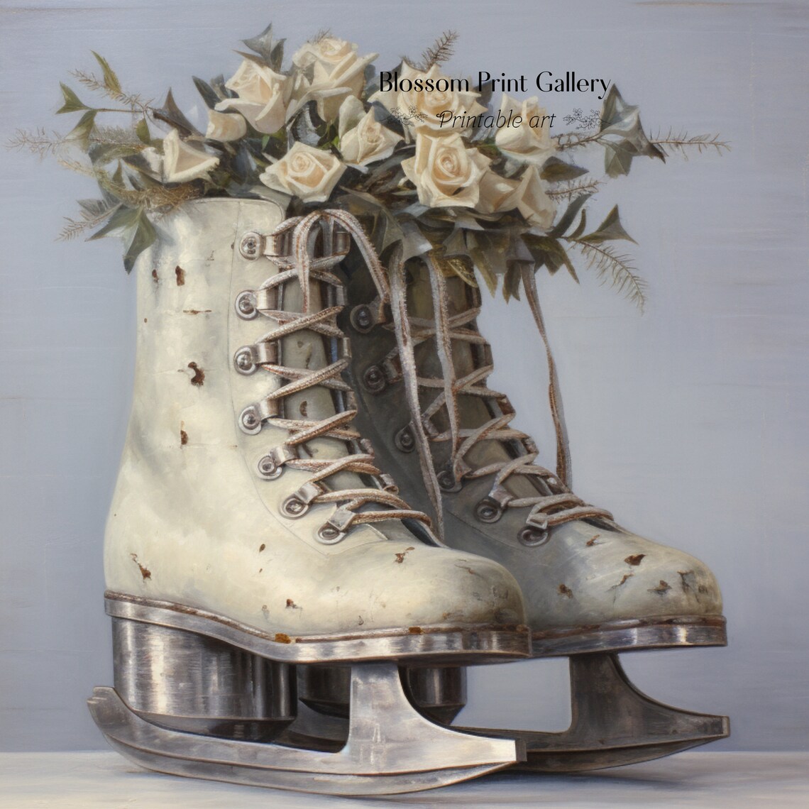 Vintage White Ice Skates with Roses Winter Still Life Painting Poster - Image 3