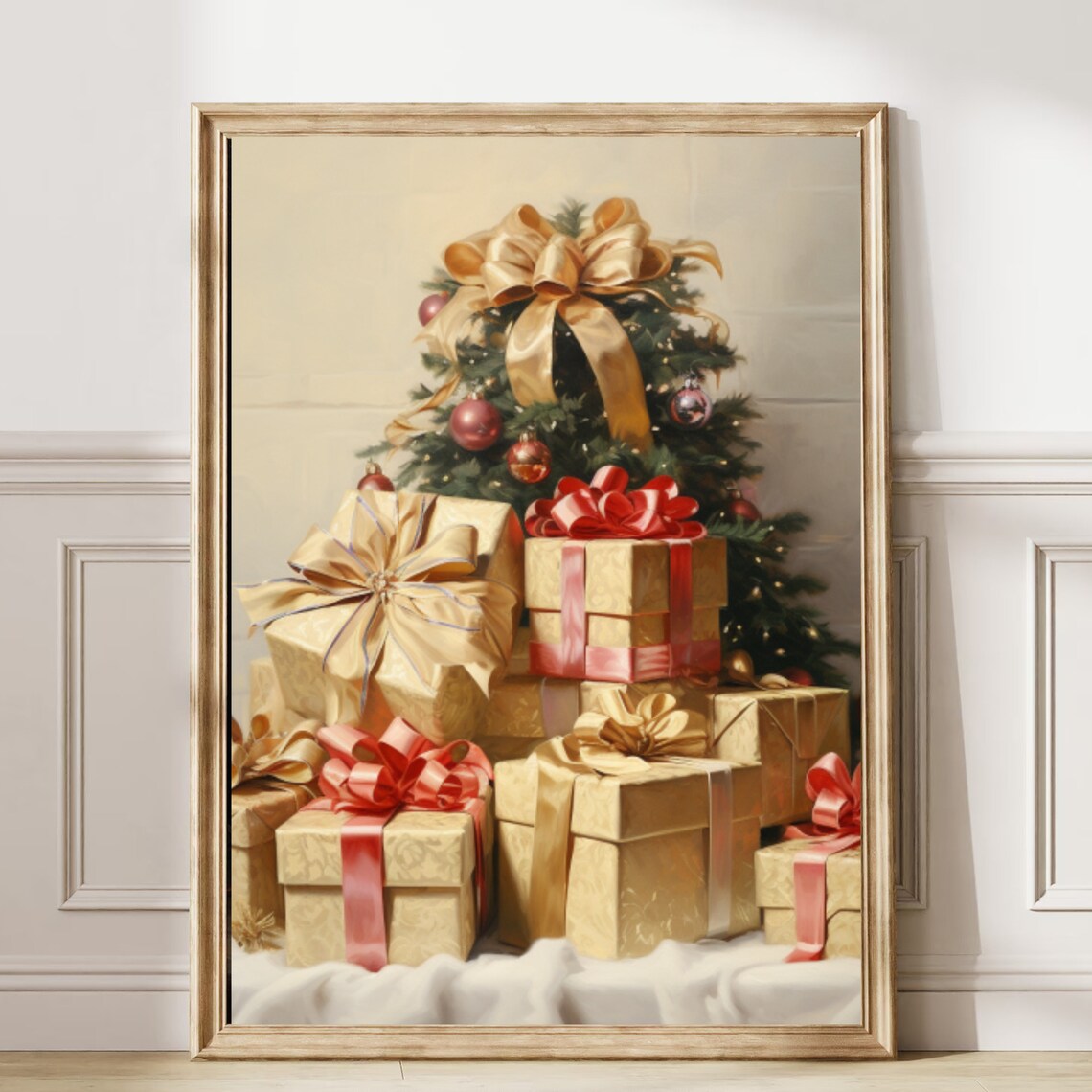 Christmas Tree with Gold Bow and Wrapped Gifts Painting Poster - Image 6