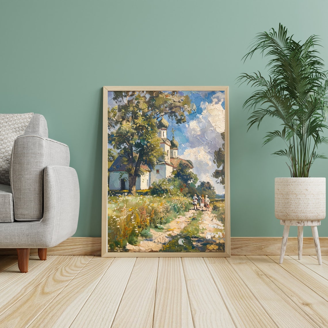 Vintage White Church Print Antique Landscape Oil Painting Farmhouse Decor Living Room Wall Art Country Scenery 526 - Image 2