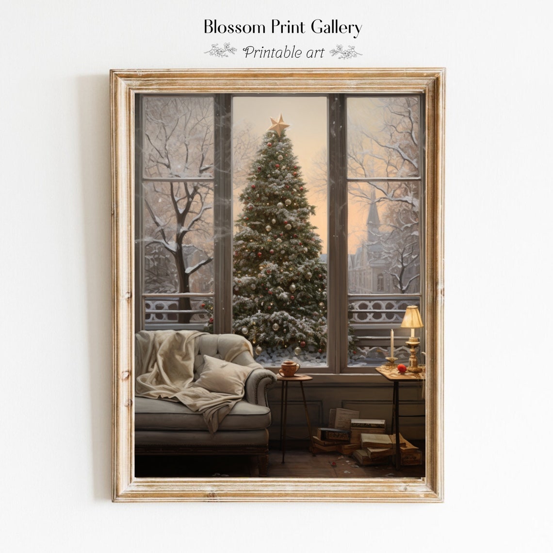 Cozy Armchair by Window with Snowy Christmas Tree Painting Poster