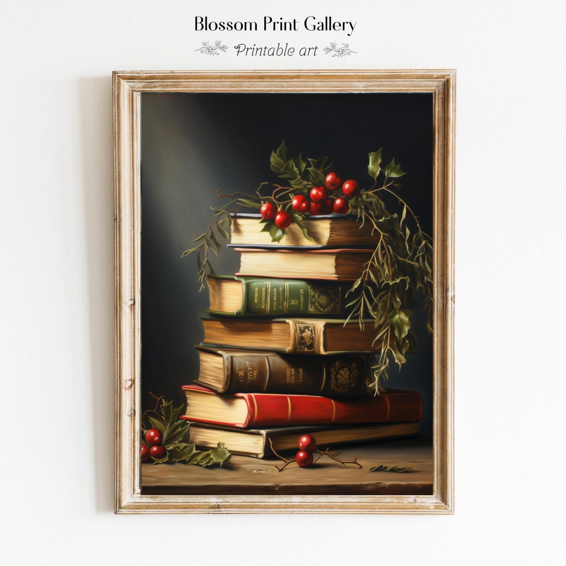 Dark Vintage Books Stack With Holly Berries Christmas Poster