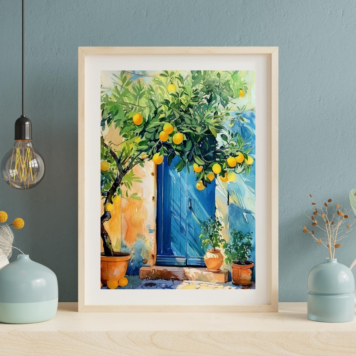 Lemon Tree Watercolor with a Bright Blue Mediterranean Door Wall Art - Image 2