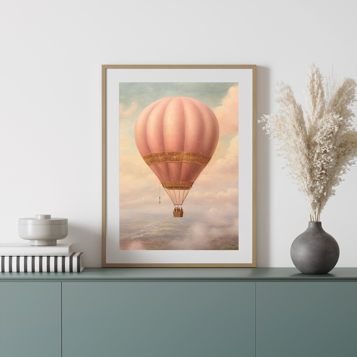 Pink Vintage Hot Air Balloon in Pastel Clouds Painting Poster - Image 6