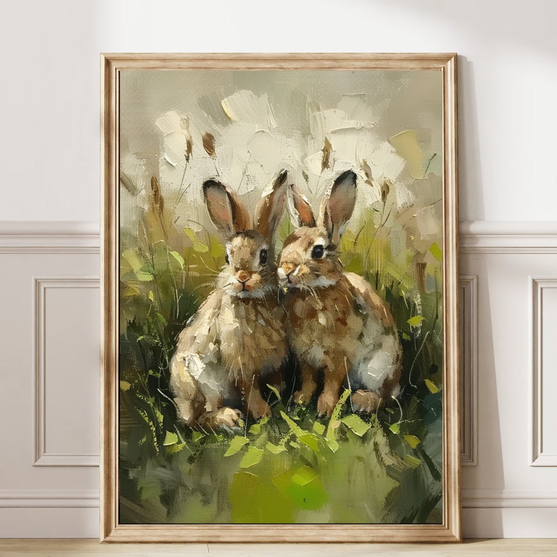Two Wild Rabbits In Summer Meadow Vintage Oil Painting Poster - Image 6