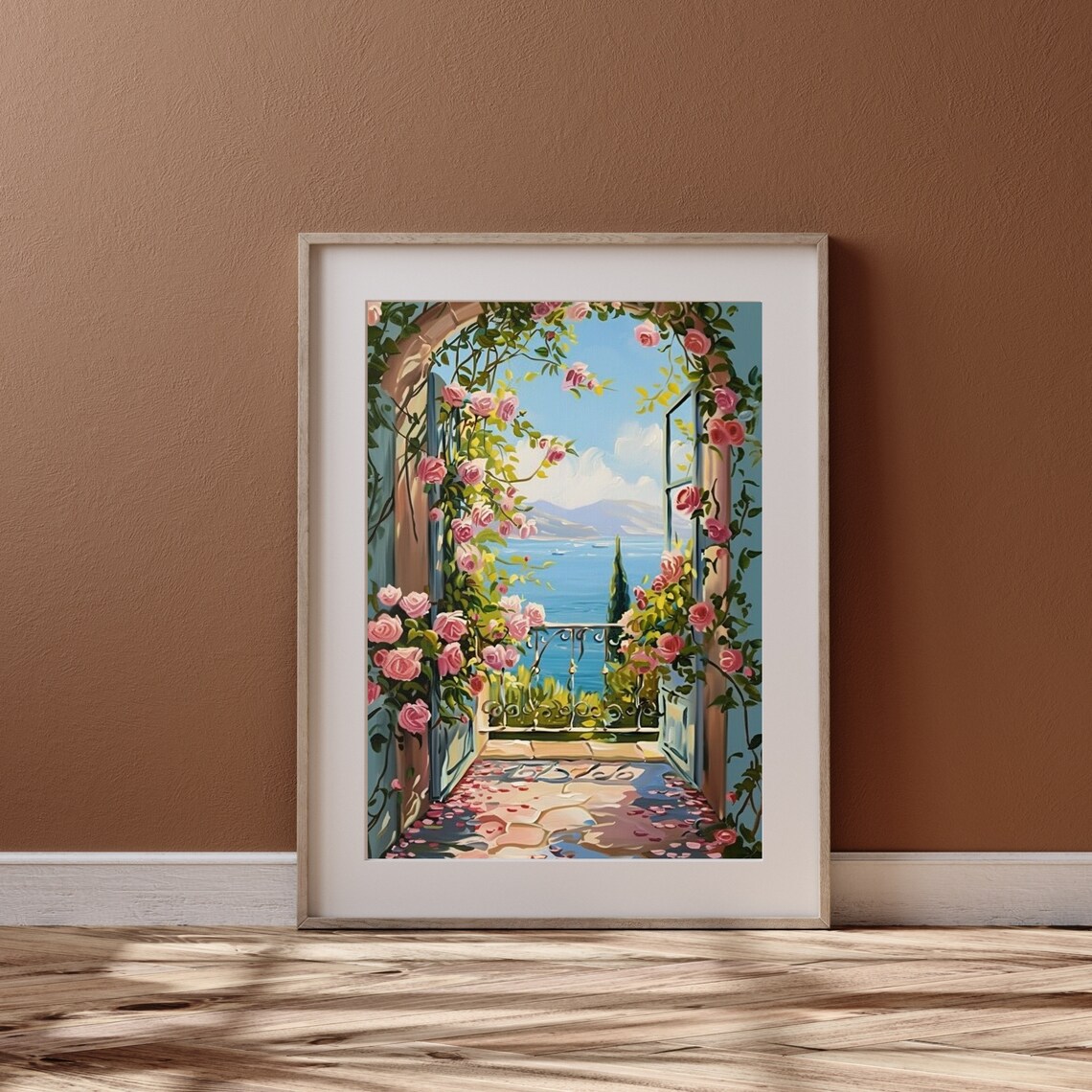 Pink Rose Covered Archway Overlooking the Blue Sea Garden Poster - Image 2