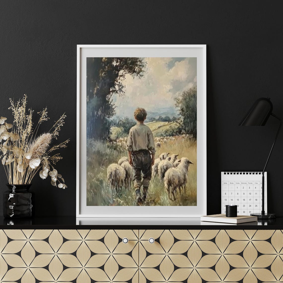 Young Shepherd Boy Leading Sheep Pastoral Countryside Painting Poster - Image 2