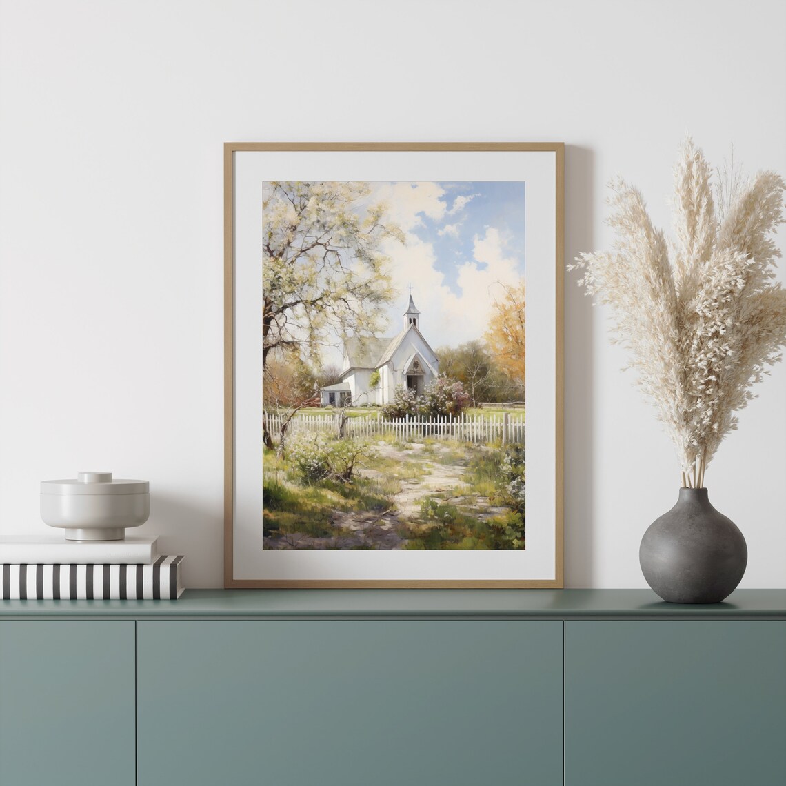 Vintage Old Church Print Spring Landscape Oil Painting Farmhouse Decor Living Room Wall Art Country Scenery 516 - Image 2
