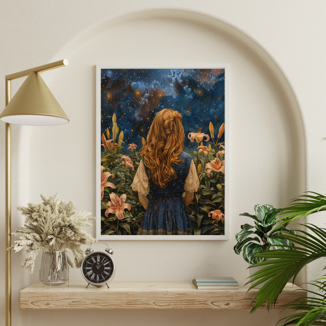Dreamy Red Haired Girl Among Lilies Under Starry Night Poster - Image 5