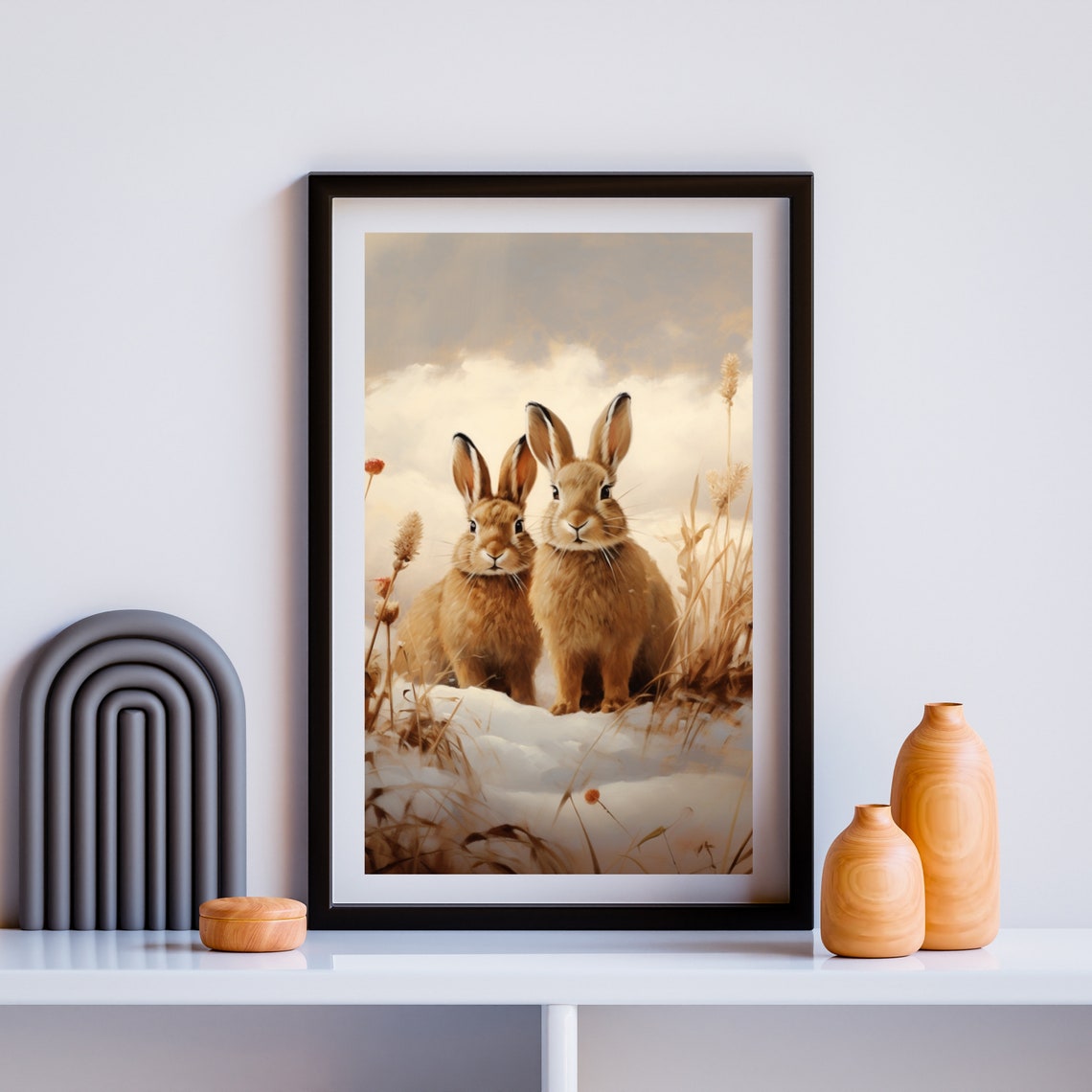 Two Brown Hares In Snowy Winter Field Wildlife Painting Poster - Image 6