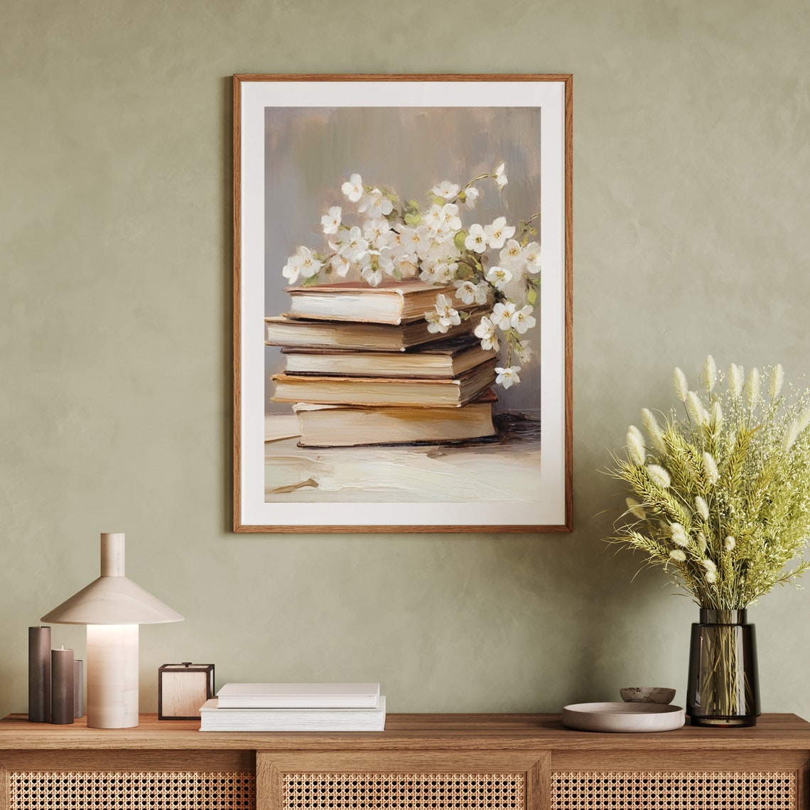 Stack Of Vintage Books Topped With White Spring Blossom Branches Print - Image 3