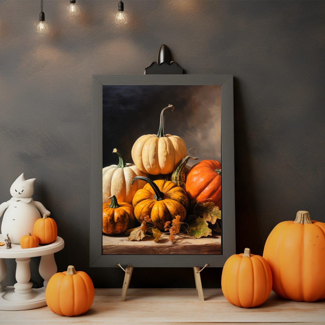 Autumn Pumpkins And Gourds Still Life Dark Fall Painting Poster - Image 3
