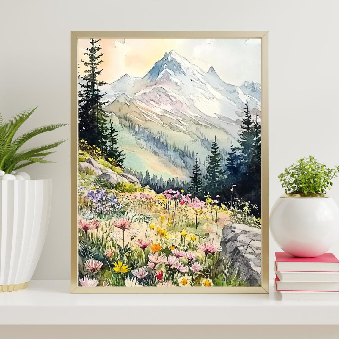 Wildflower Meadow Snowy Mountain Watercolor Landscape Poster - Image 4