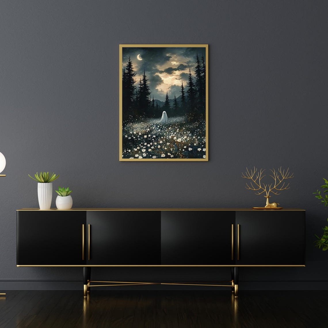 Cute Ghost in a Moonlit Wildflower Meadow Whimsical Wall Art - Image 4