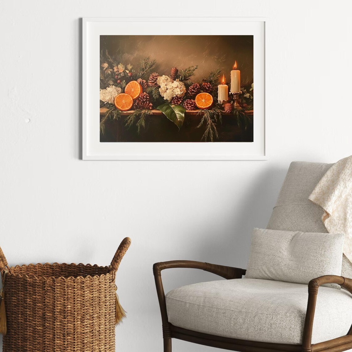 Holiday Oranges Pinecones Candles Festive Still Life Painting Poster - Image 5