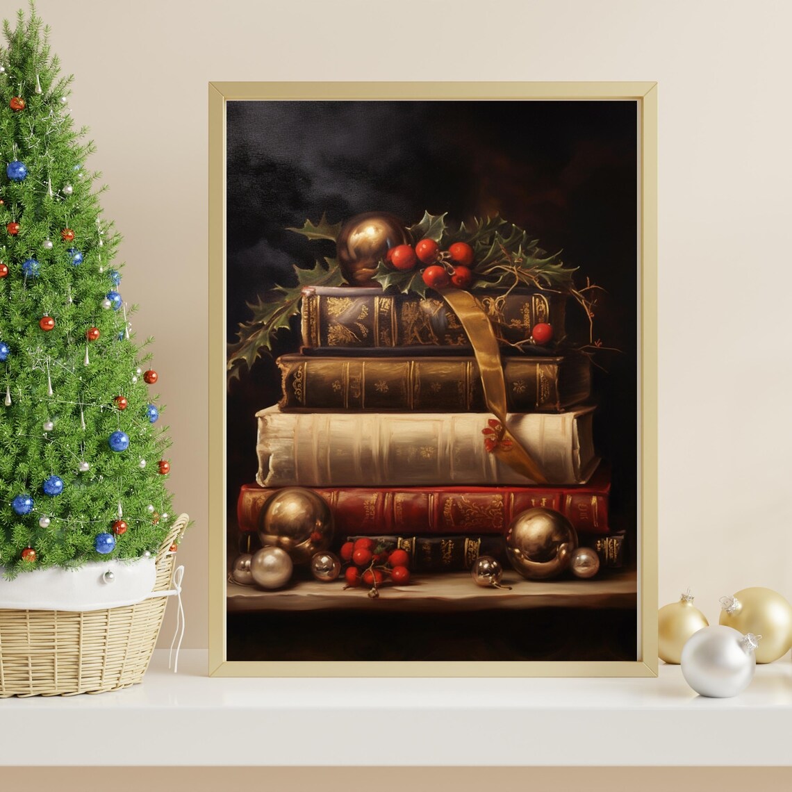Vintage Books Christmas Ornaments Holly Dark Academia Art Poster - Image 3