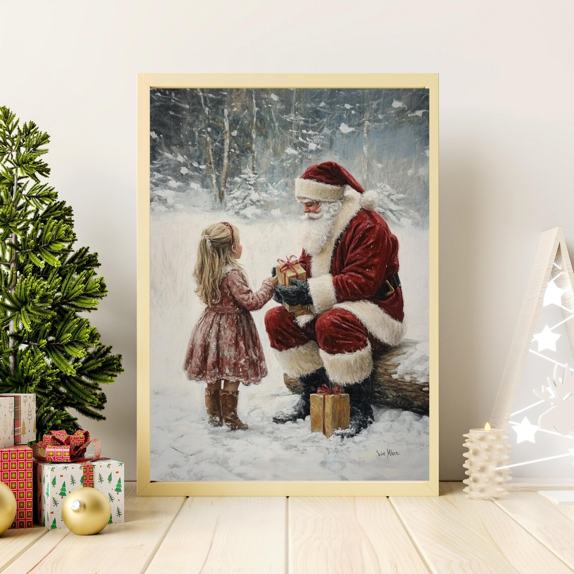 Santa Claus Giving Gift to Little Girl in Snowy Forest Vintage Poster - Image 4