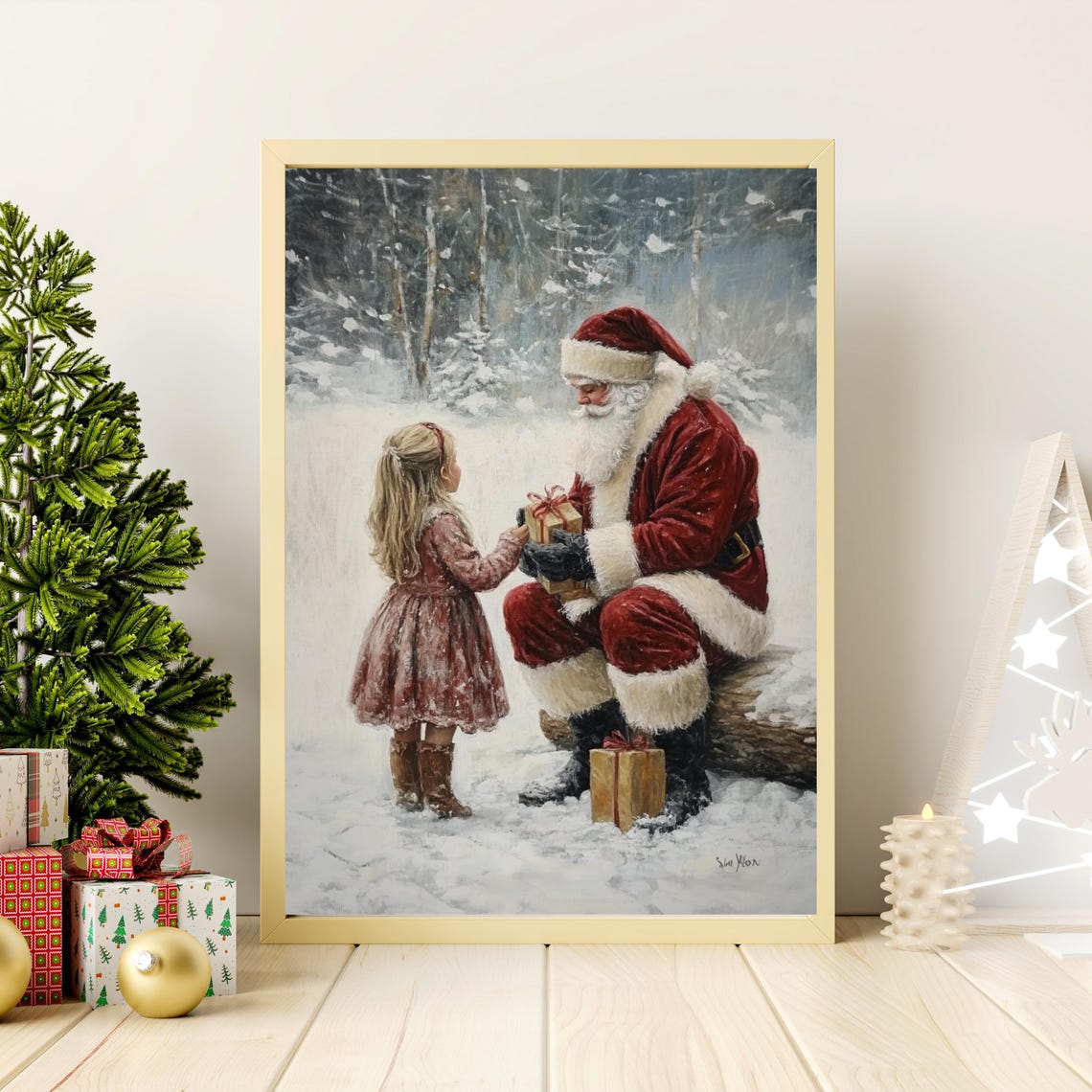 Vintage Santa Claus Christmas Wall Art Santa And Little Girl In Forest Painting Rustic Winter Art Christmas Holiday Poster 808 - Image 4